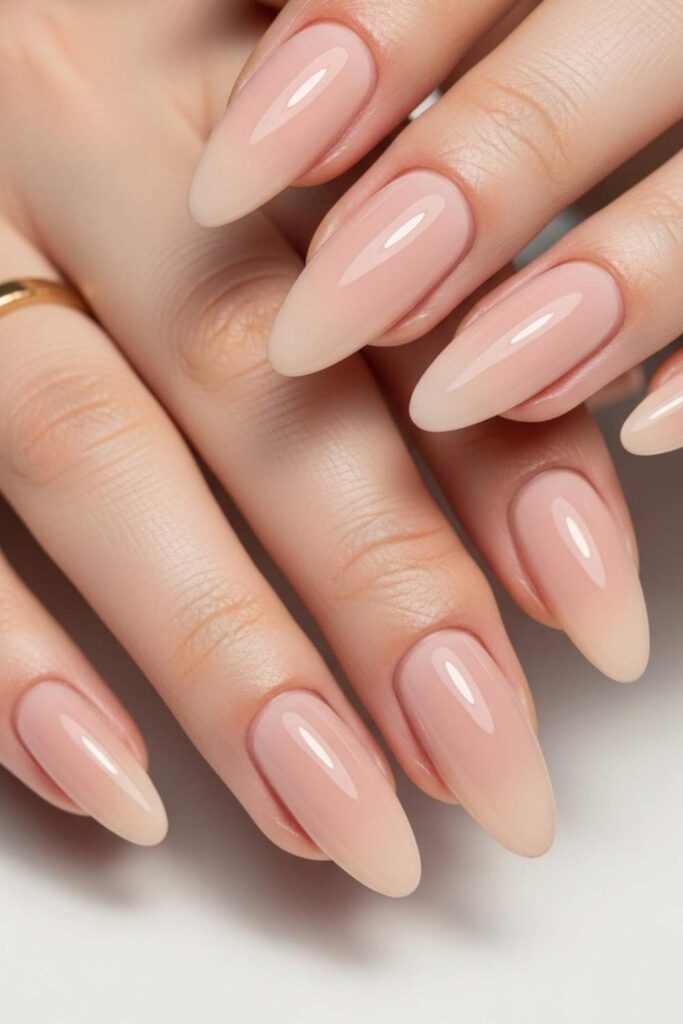 Glossy Nude-Pink Almond Nails