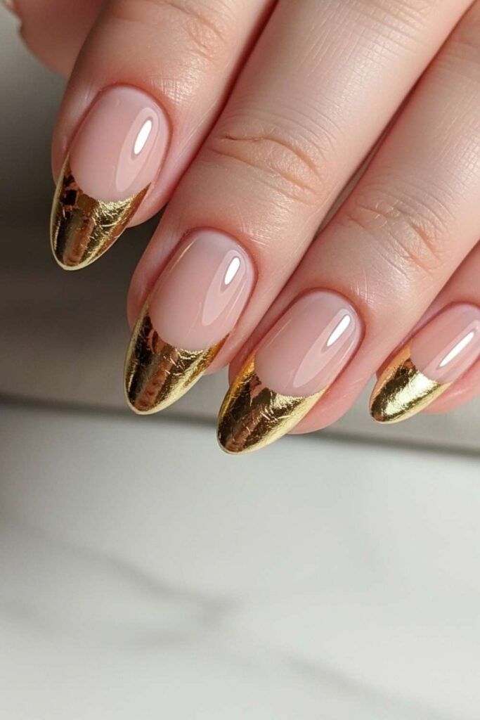 Gold Foil Half-Moon Base on Nude Nails