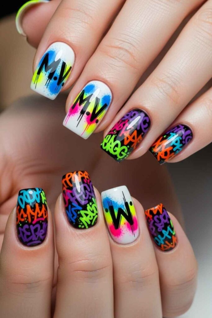 30 Nails That Bring 90s Art Back And Make It Look Better Than Ever 16 Graffiti-Style Initial Nail on Bright Base