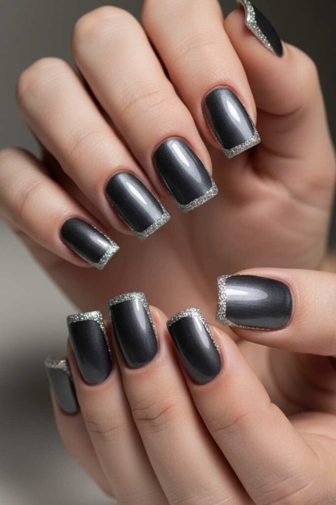 Gunmetal Gray Glossy Nails with Silver Micro-Glitter Edge
