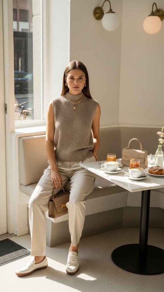 High-Neck Sleeveless Knit Top with Relaxed Trousers