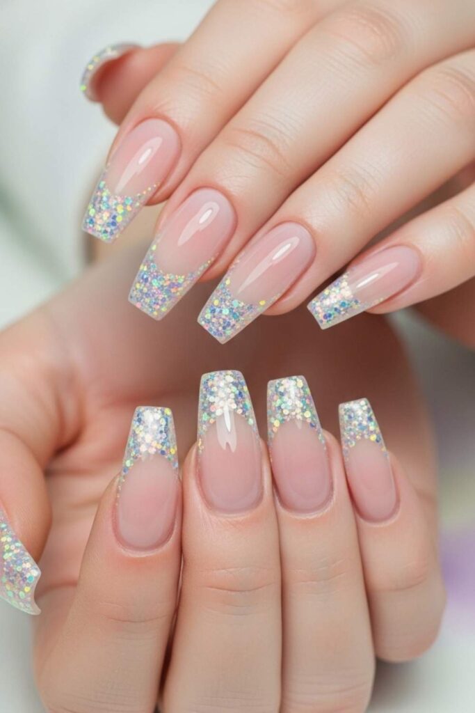 Holographic Glitter Tips on Long Coffin Nails