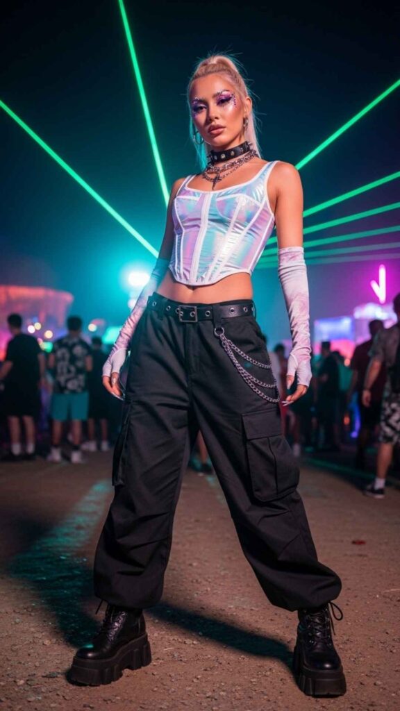 Holographic Pastel Corset with Baggy Black Cargo Pants