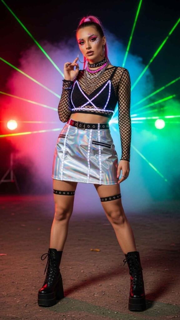 Holographic Silver Mini Skirt with a Fishnet Crop
