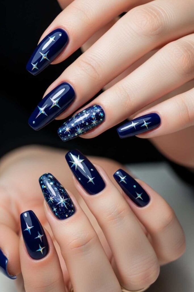 30 Nails That Bring 90s Art Back And Make It Look Better Than Ever 11 Holographic Stars on Navy Blue