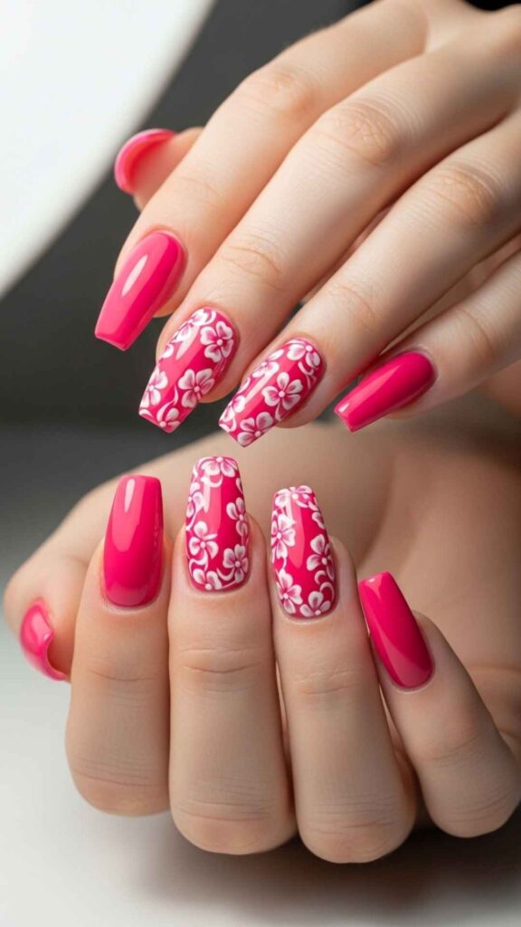 Hot Pink Coffin Nails with White Floral Swirls