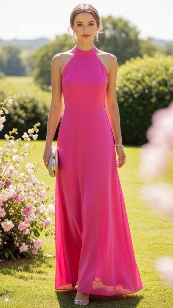 Hot Pink Halter Maxi with Minimal Jewelry