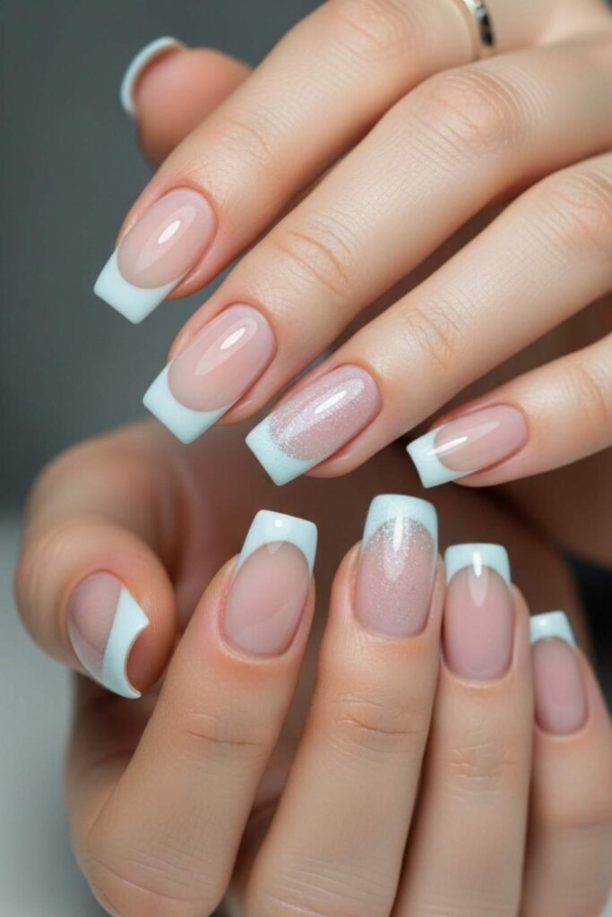 Ice Blue Glazed Tips on Soft Square Nails