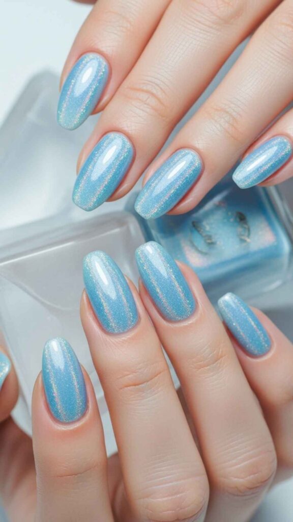 Ice Blue Nails with Silver Holographic Shimmer