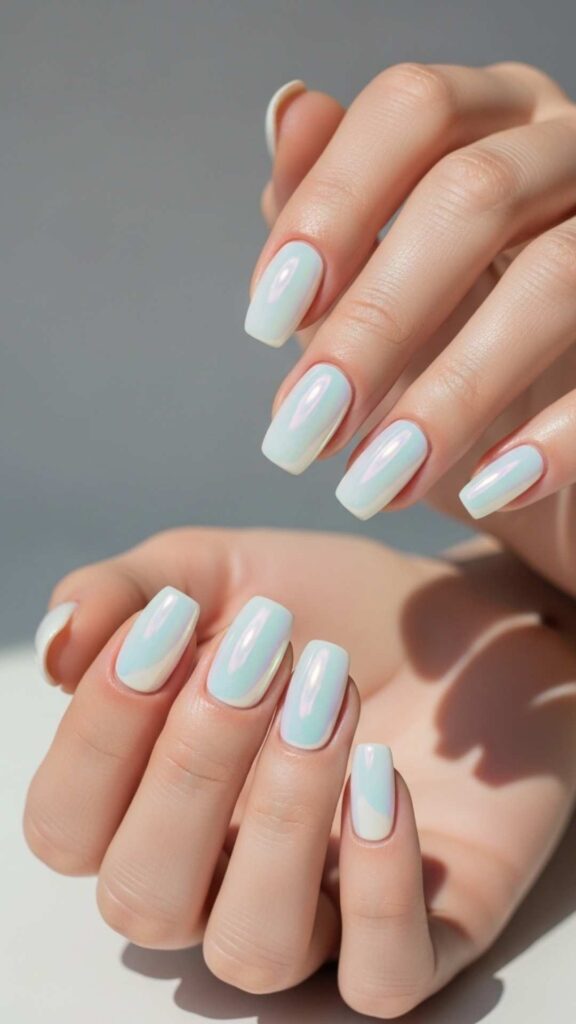 Iridescent White Nails That Shift in Sunlight