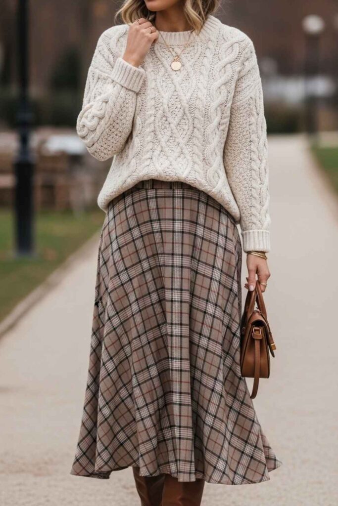 Ivory Cable-Knit Sweater With Plaid Midi Skirt and Brown Leather Boots