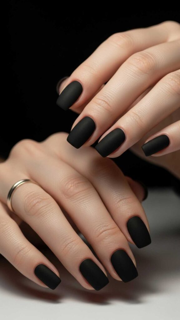 Jet Black Nails with a Matte Finish and Bare Cuticle Line