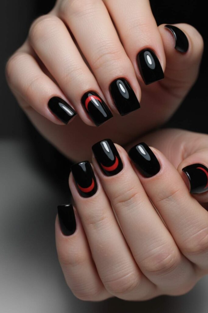Jet Black Short Nails with a Red Crescent Moon Base