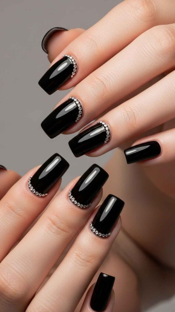 Jet Black Square Nails with Micro Rhinestone Detail