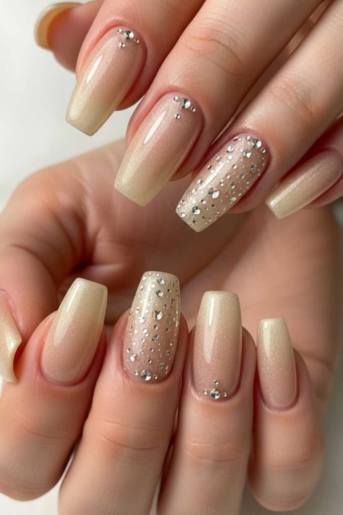15 Natural Gel Nails Ideas That Look Expensive Without Trying Too Hard 17 Light Champagne Gel with Scattered Micro-Diamonds