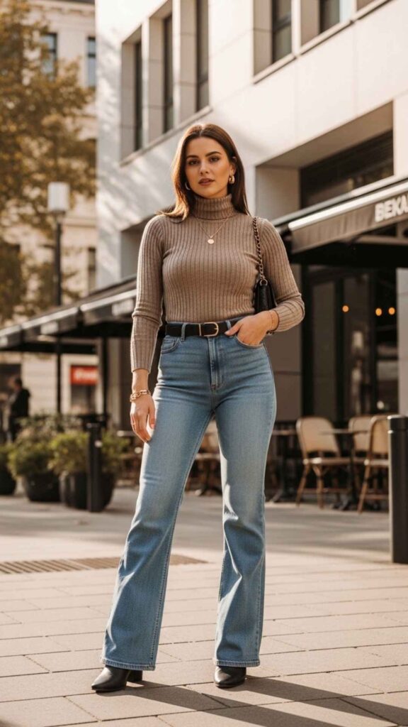 Light-Wash Flared Jeans with a Fitted Ribbed Turtleneck