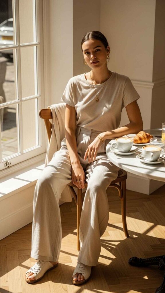 Linen Wide-Leg Trousers with a Relaxed Fitted Tee