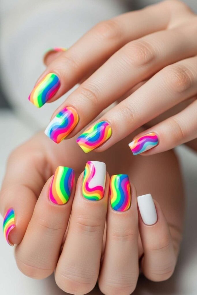 30 Nails That Bring 90s Art Back And Make It Look Better Than Ever 4 Lisa Frank–Inspired Rainbow Swirls on White