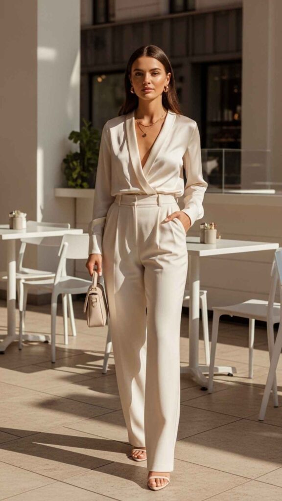 Loose Cream Trousers with a Deep-V Satin Blouse