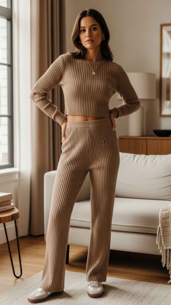 Matching Ribbed Knit Set in Warm Beige