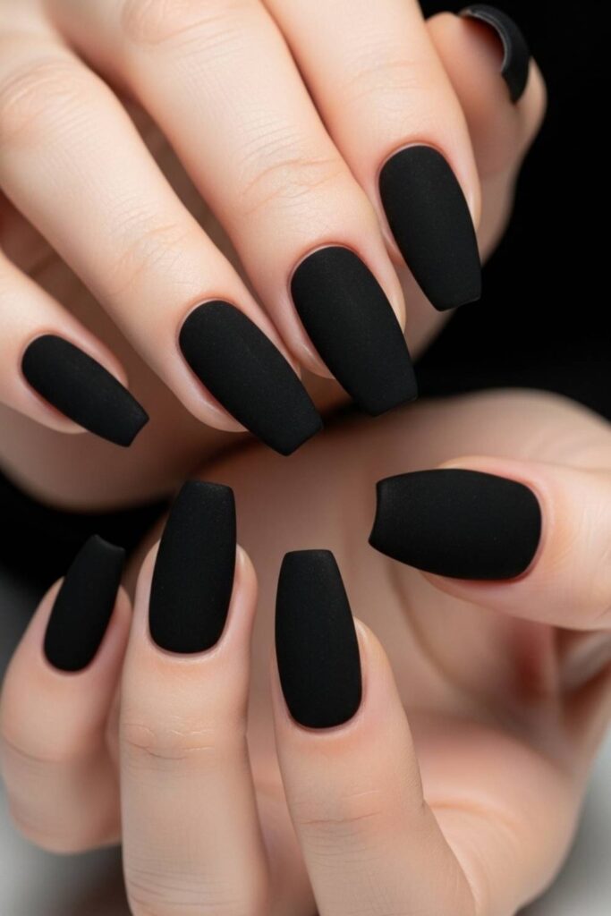 Matte Black Coffin Nails with a Velvet Finish
