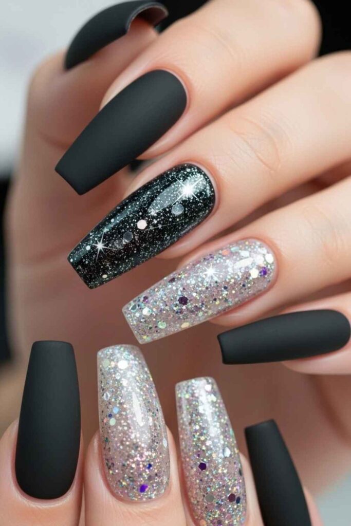 Matte Black Nails with Glitter Moonscape Detail
