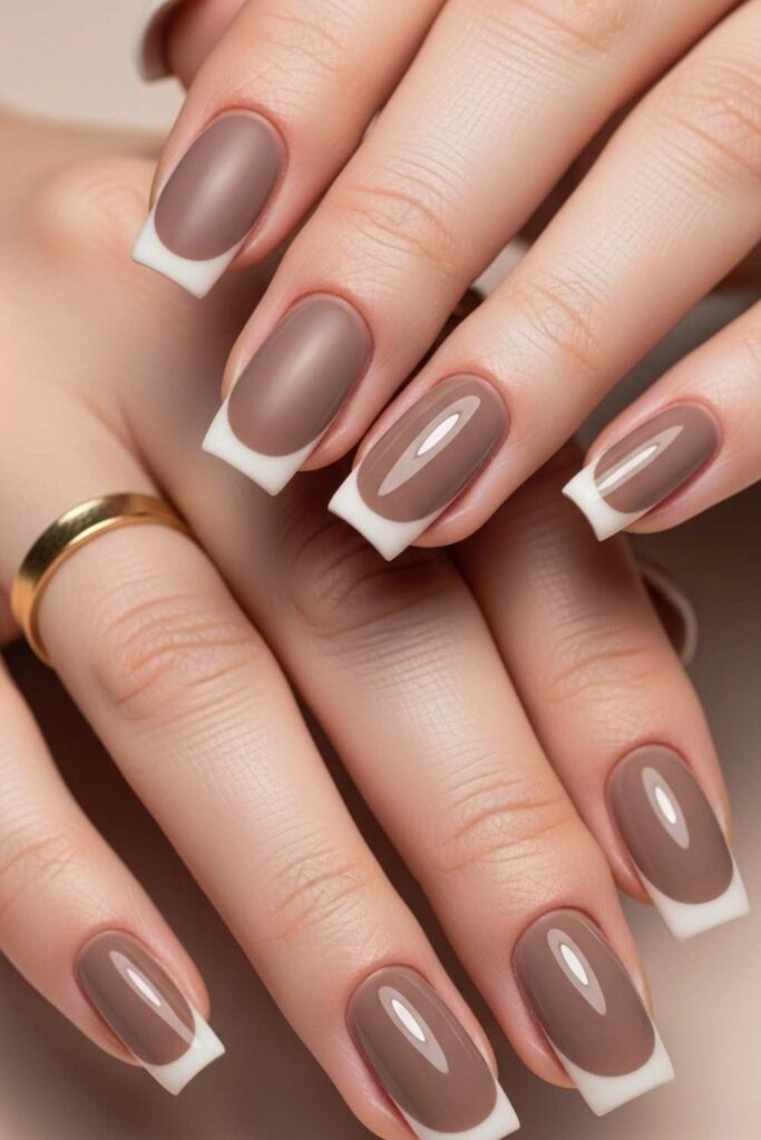 Matte Taupe Square with Glossy French Tip Overlay