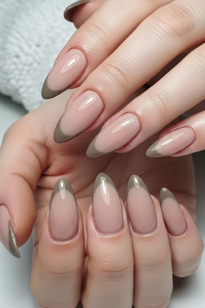 Matte Taupe Tips on a Bare Almond Base