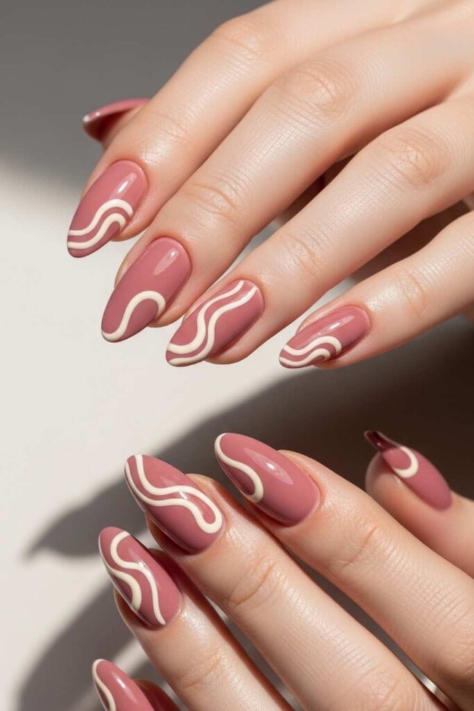 Mauve Pink Base with Abstract Swirl Tips in Cream