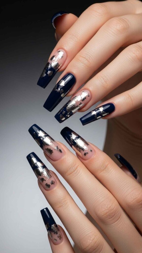 Midnight Blue Coffin Tips with Foil Detail