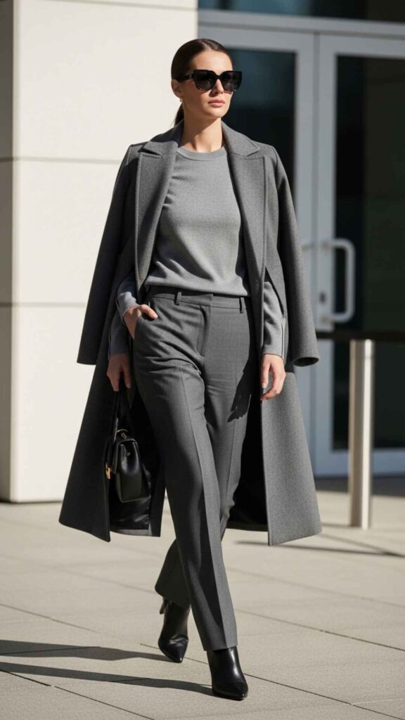 Monochrome Grey Trousers, Fitted Crew, and a Long Coat