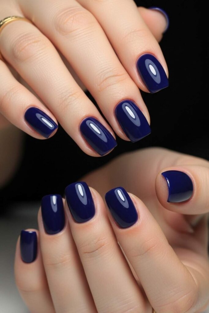 Navy Blue Glossy Gel on Short Rounded Tips