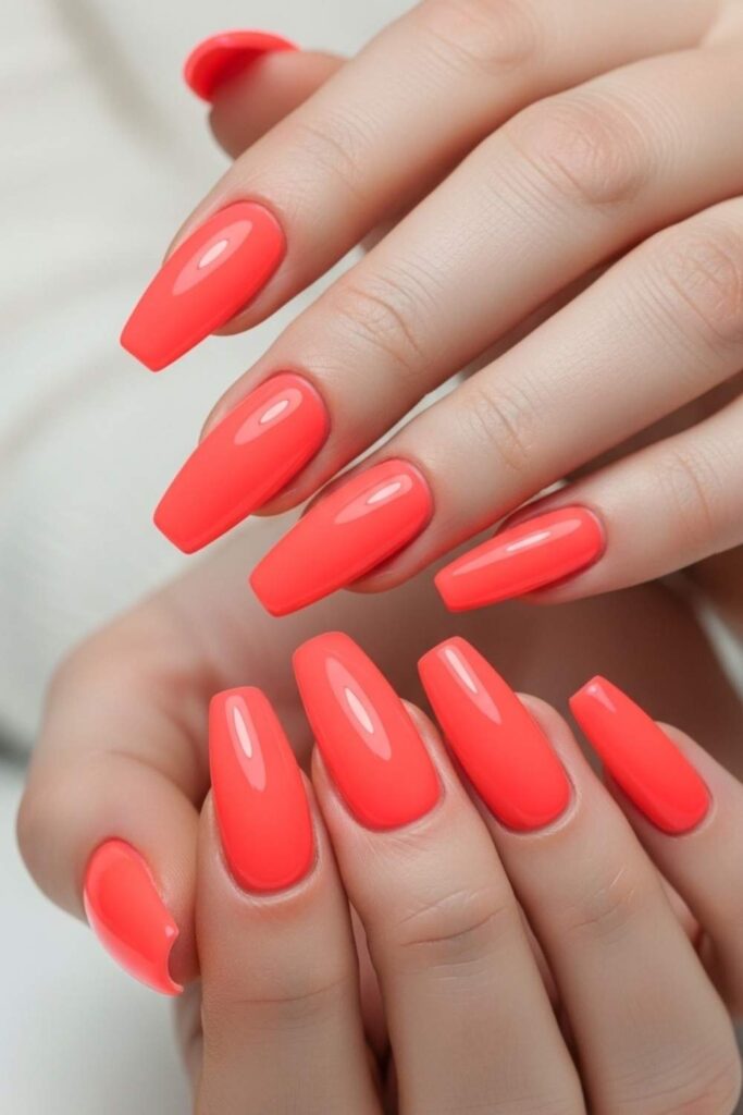 Neon Coral Coffin Nails