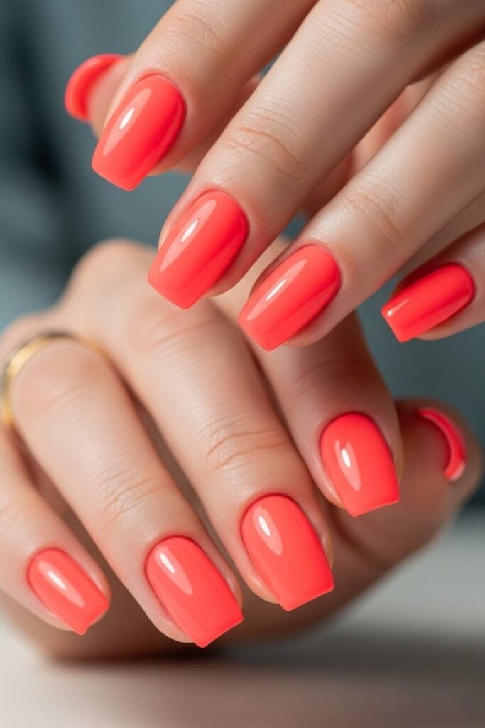 Neon Coral Short Squoval Nails Summer Bold