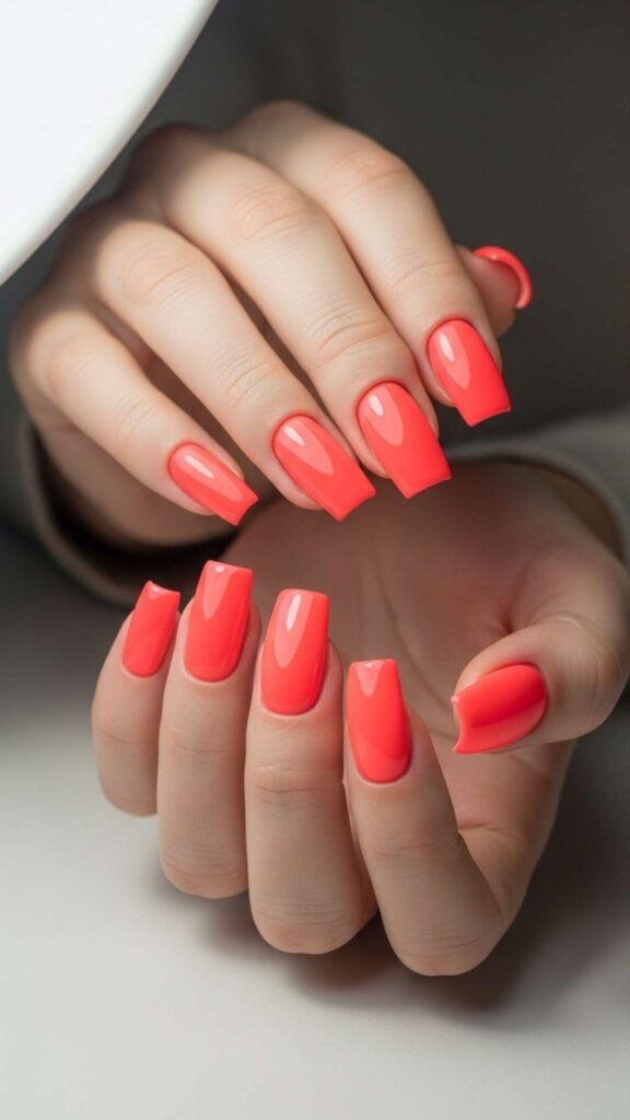 Neon Coral Square Nails for Maximum Impact