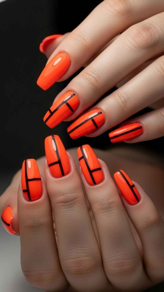 Neon Orange Coffin with Black Negative Space Lines