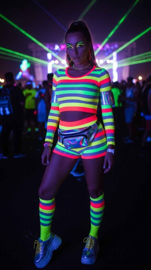 Neon Striped Ribbed Two-Piece with Holographic Fanny Pack