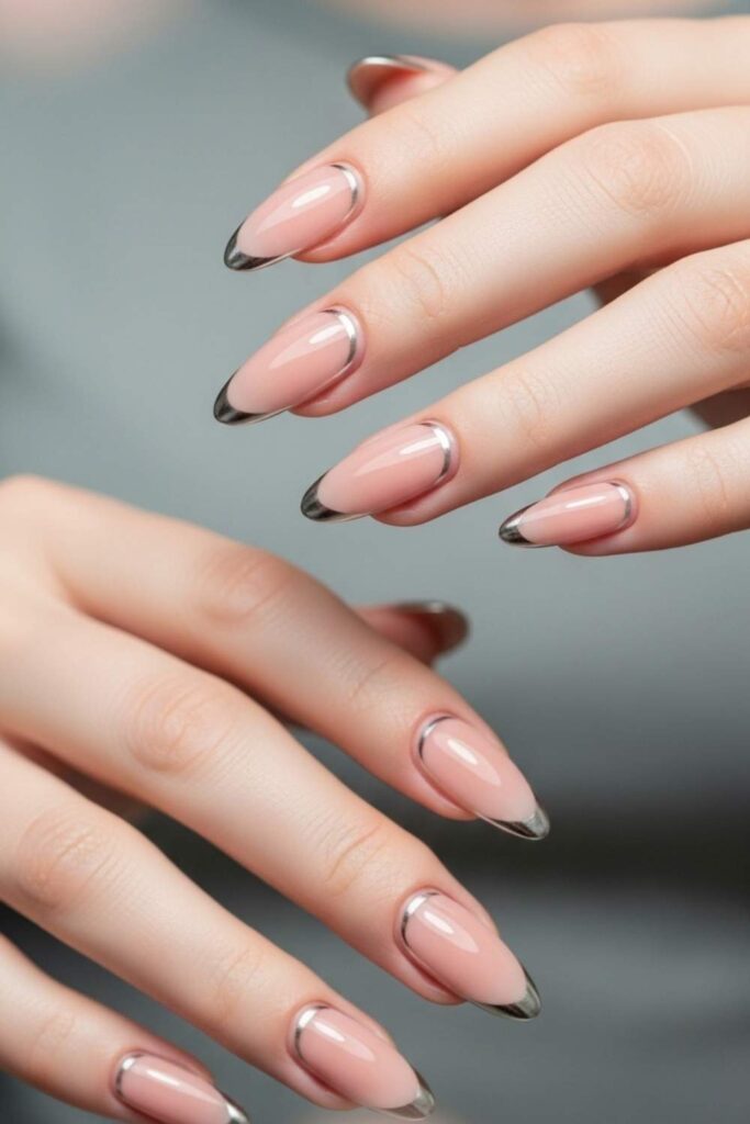 Nude Almond Nails with Thin Silver Outline Tips