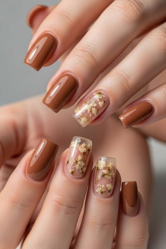 Nude Brown with Embedded Dried Flower