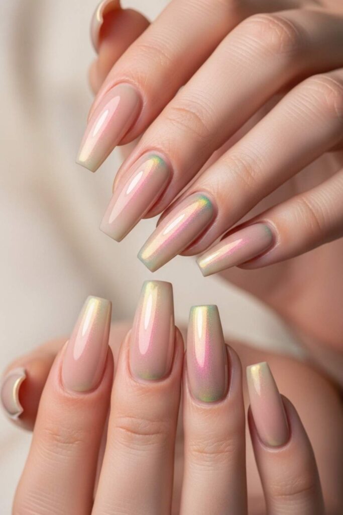 Nude Coffin Nails with Oil-Slick Shimmer Topcoat