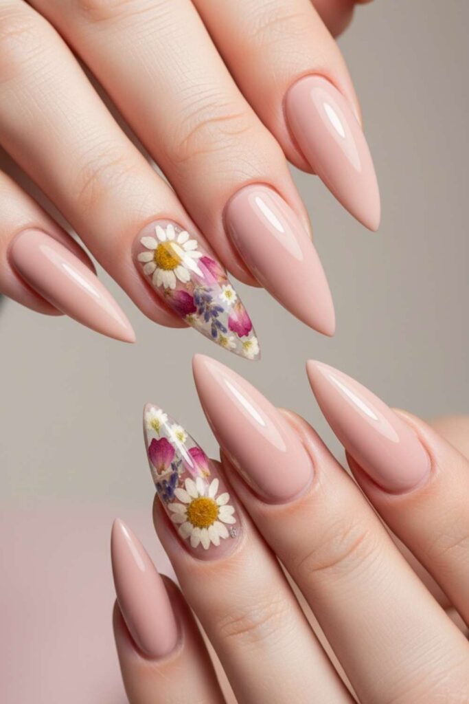41 Long Acrylic Nail Designs for Baddies That Hit Different in 2026 10 Nude Pink Acrylics with Encapsulated Dried Flowers