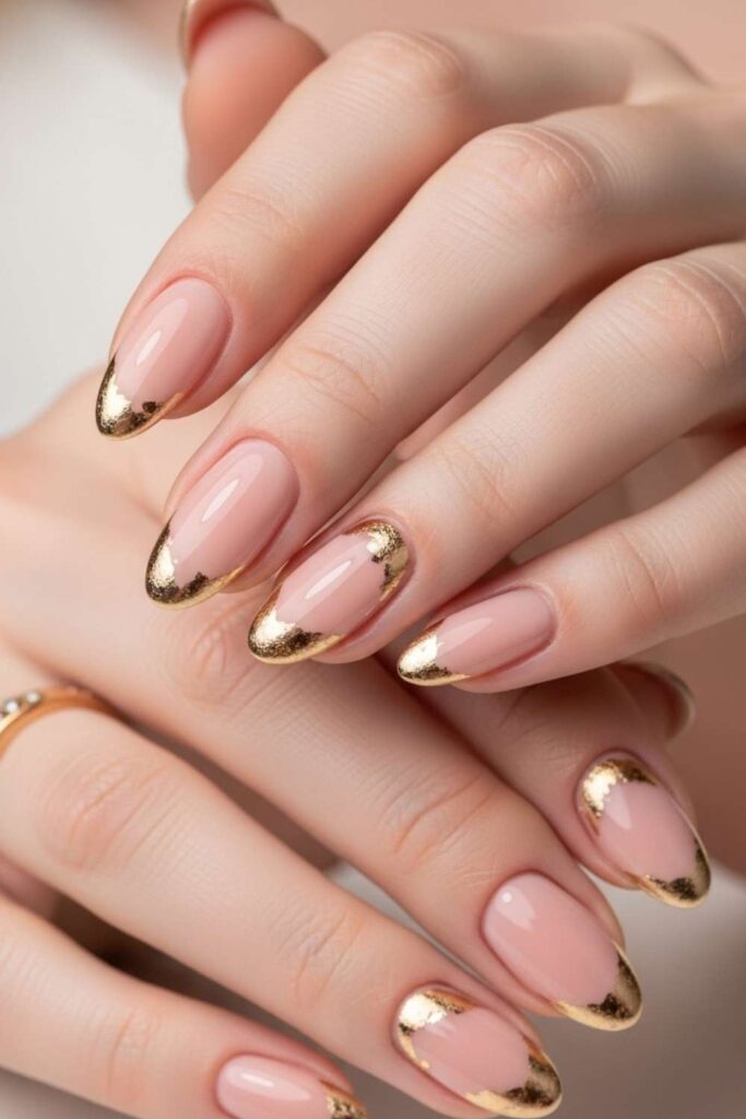 Nude Pink Almond Nails with Thin Gold Foil