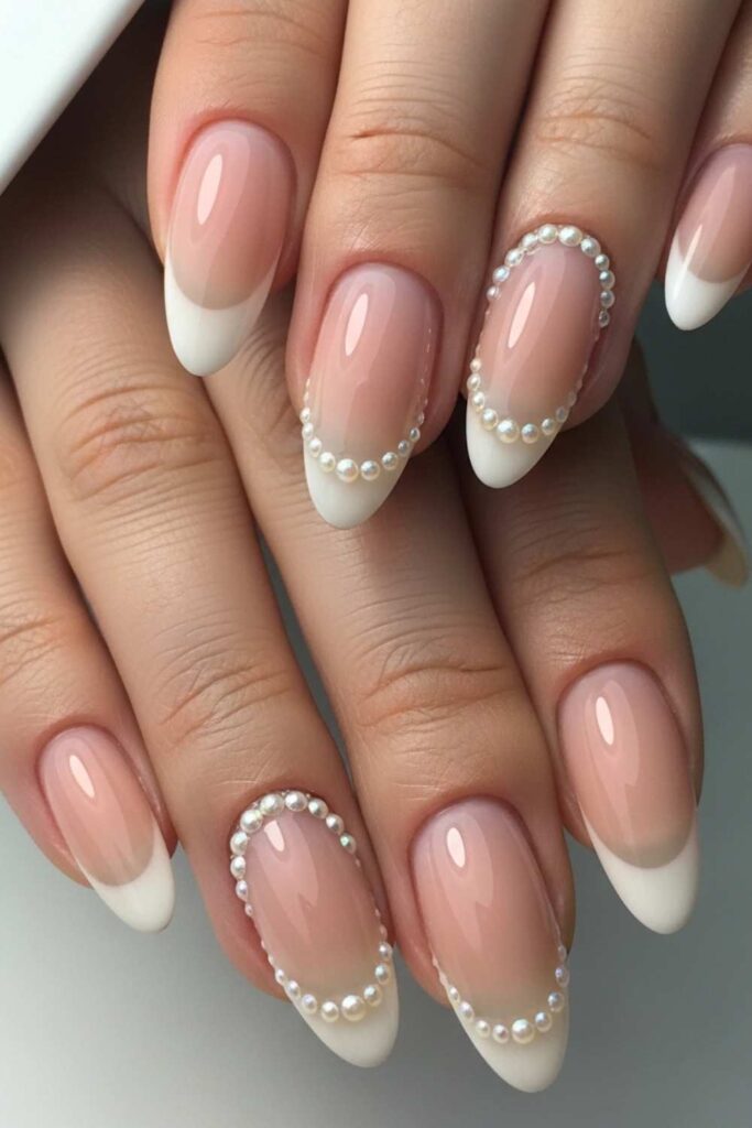 Nude Pink Tips with White Micro Pearls at Smile Line