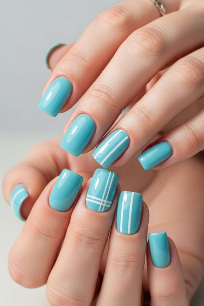 Ocean Blue Cream with White Stripe Detail