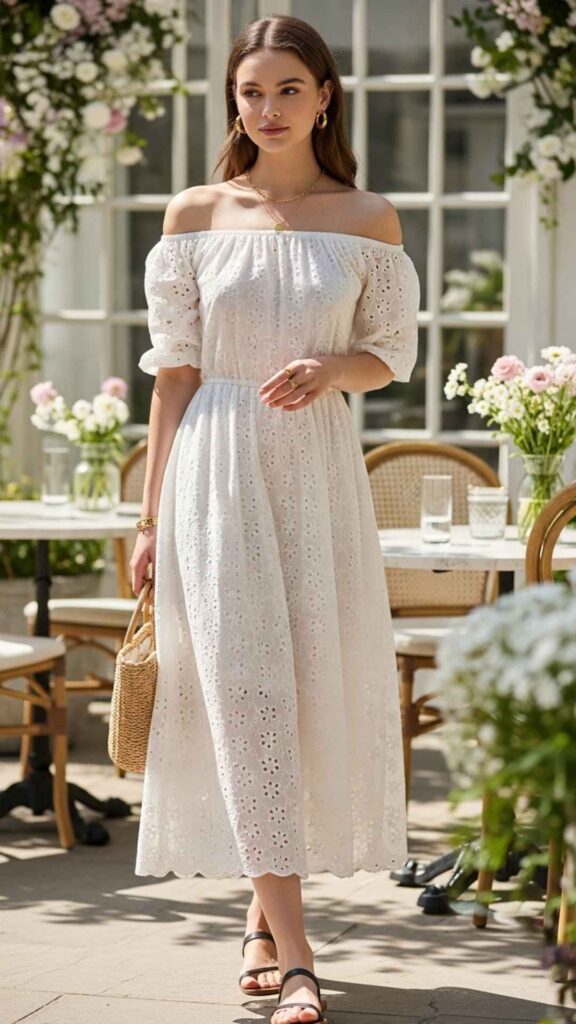 Off-Shoulder Eyelet Cotton Dress in White or Cream