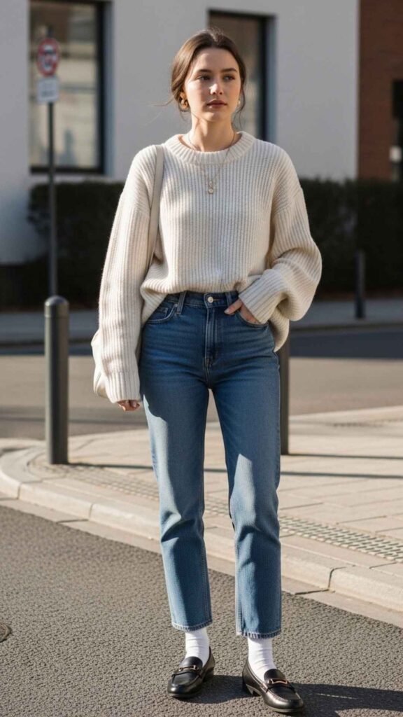 Off-White Oversized Knit Sweater with Straight-Leg Jeans and Loafers