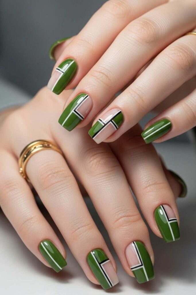 Olive Green with Geometric Line Negative Space