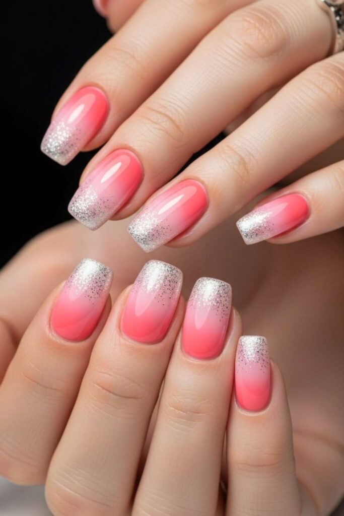 30 Nails That Bring 90s Art Back And Make It Look Better Than Ever 6 Ombre Pink-to-Coral with Silver Sparkle Fade