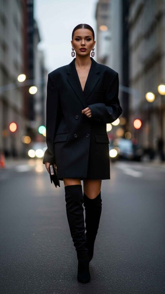 Oversized Blazer as a Dress with Knee-High Boots