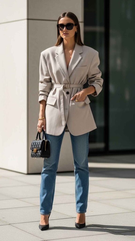 Oversized Boyfriend Blazer + Slim Belt + Straight Jeans and Heels